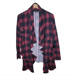 Dotty Womens Red Black Plaid Cascade Tiered Open Front Cardigan Small
